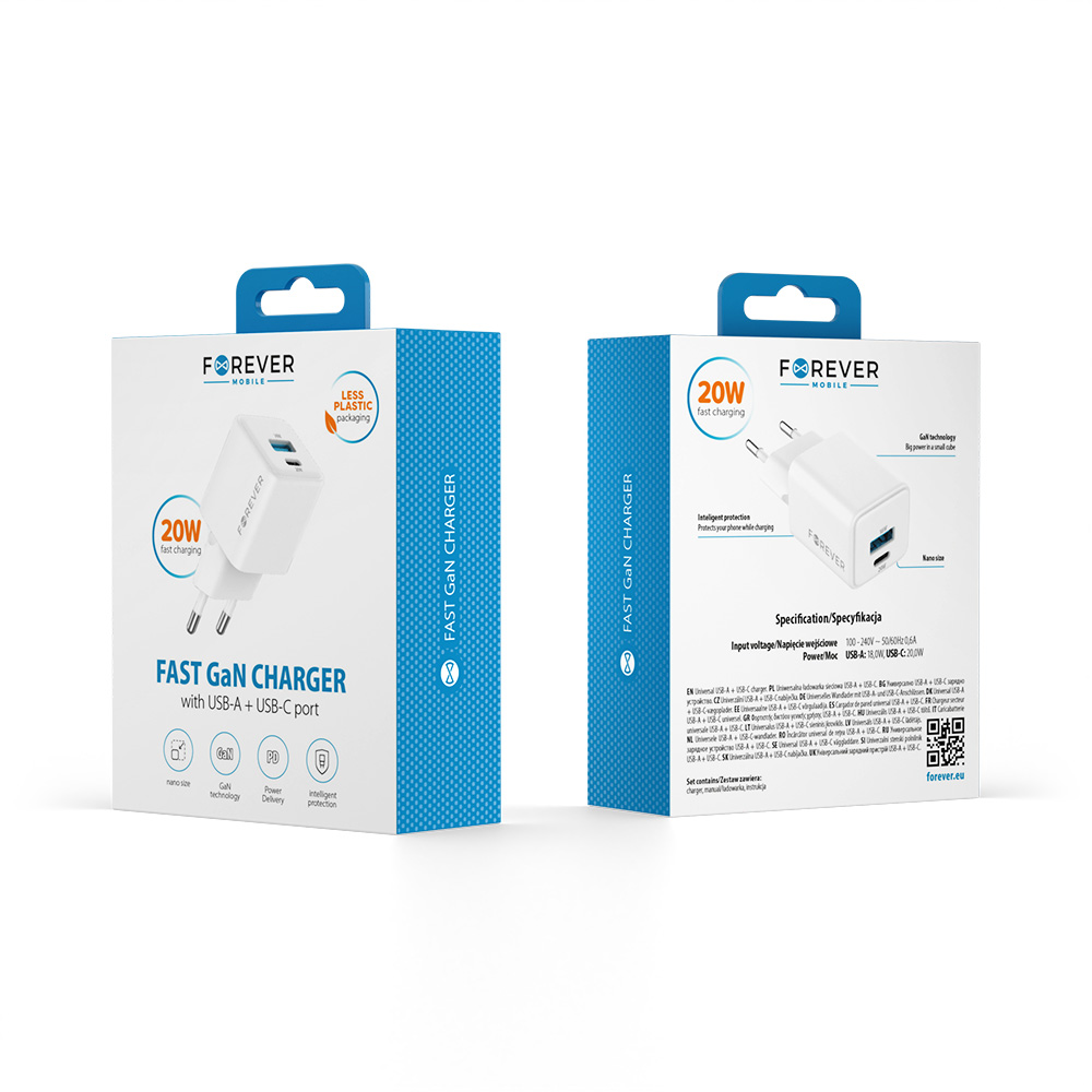 Szybka ładowarka GaN 20W PD QC Forever sama kostka bez kabla USB-C do telefonu 2 wejścia biała Samsung Galaxy A25 5G / 7 Szybka ładowarka GaN 20W PD QC Forever sama kostka bez kabla USB-C do telefonu 2 wejścia biała Samsung Galaxy A25 5G / 7