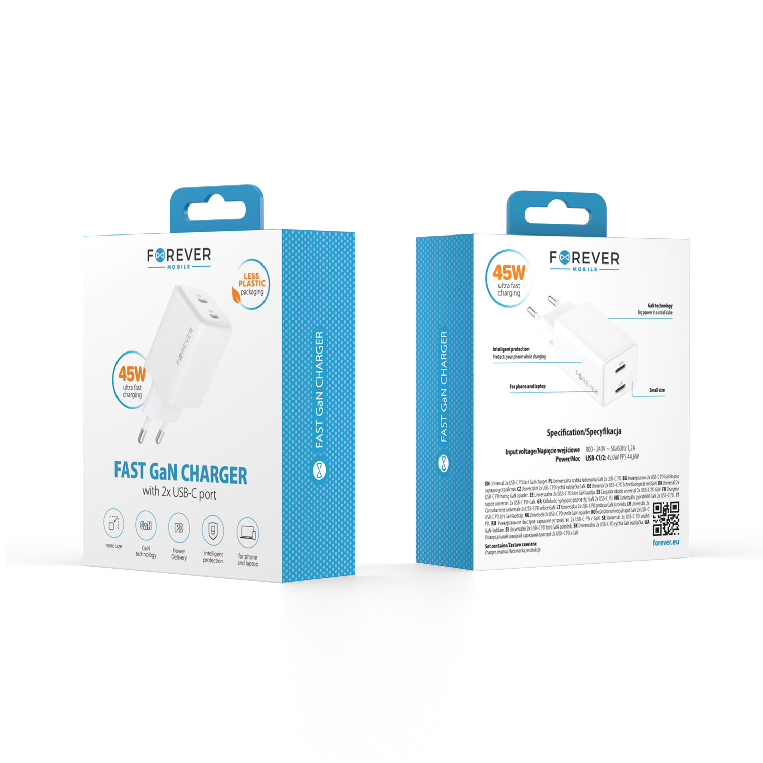 Forever �adowarka sieciowa GaN PD TC-08-45CC 2x USB-C 45W bia�a / 3