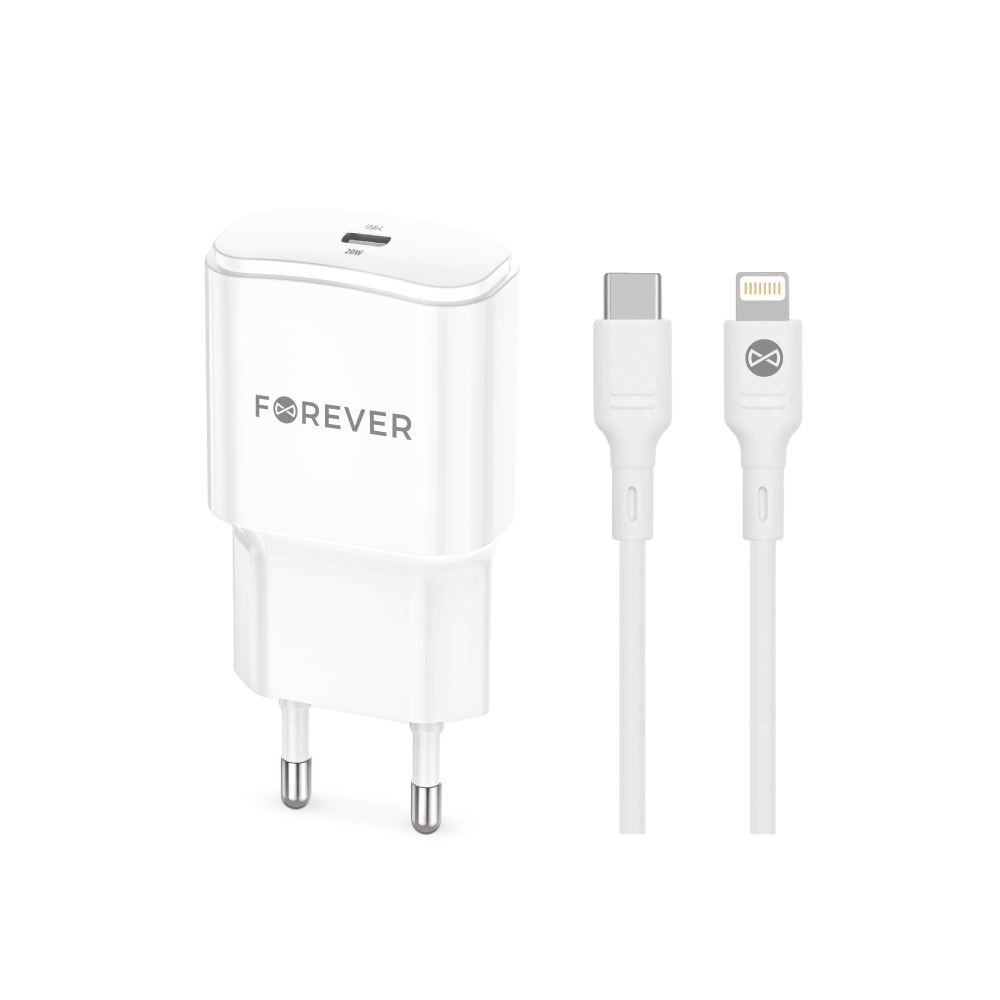 Forever �adowarka sieciowa PD QC TC-01 1x USB-C 20W bia�a + kabel USB-C - Lightning 20W