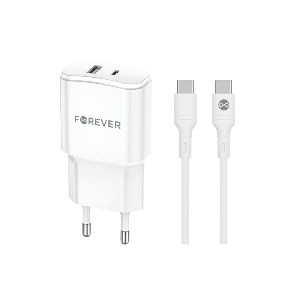 Forever �adowarka sieciowa PD QC TC-01-20AC 1x USB-C 1x USB 20W bia�a + kabel USB-C - USB-C 20W