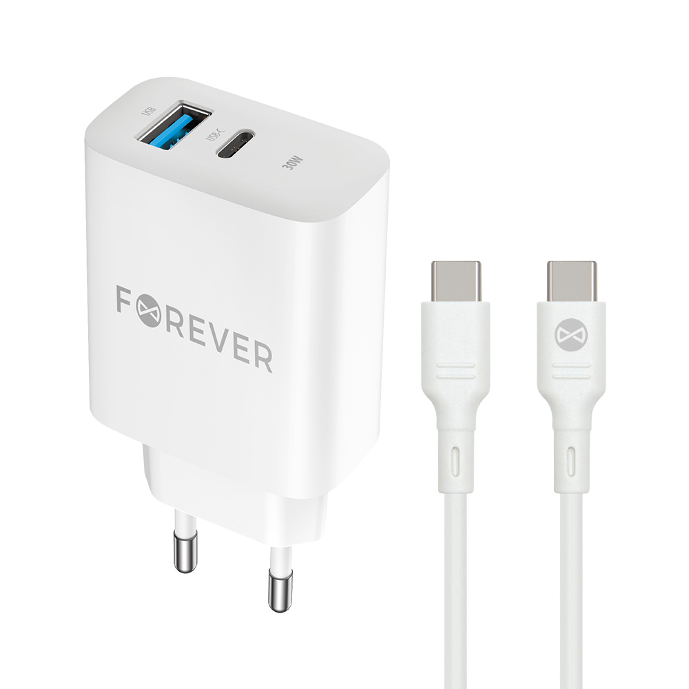 Forever �adowarka sieciowa PD QC TC-07 1x USB-C 1x USB 30W bia�a + kabel USB-C - USB-C 60W