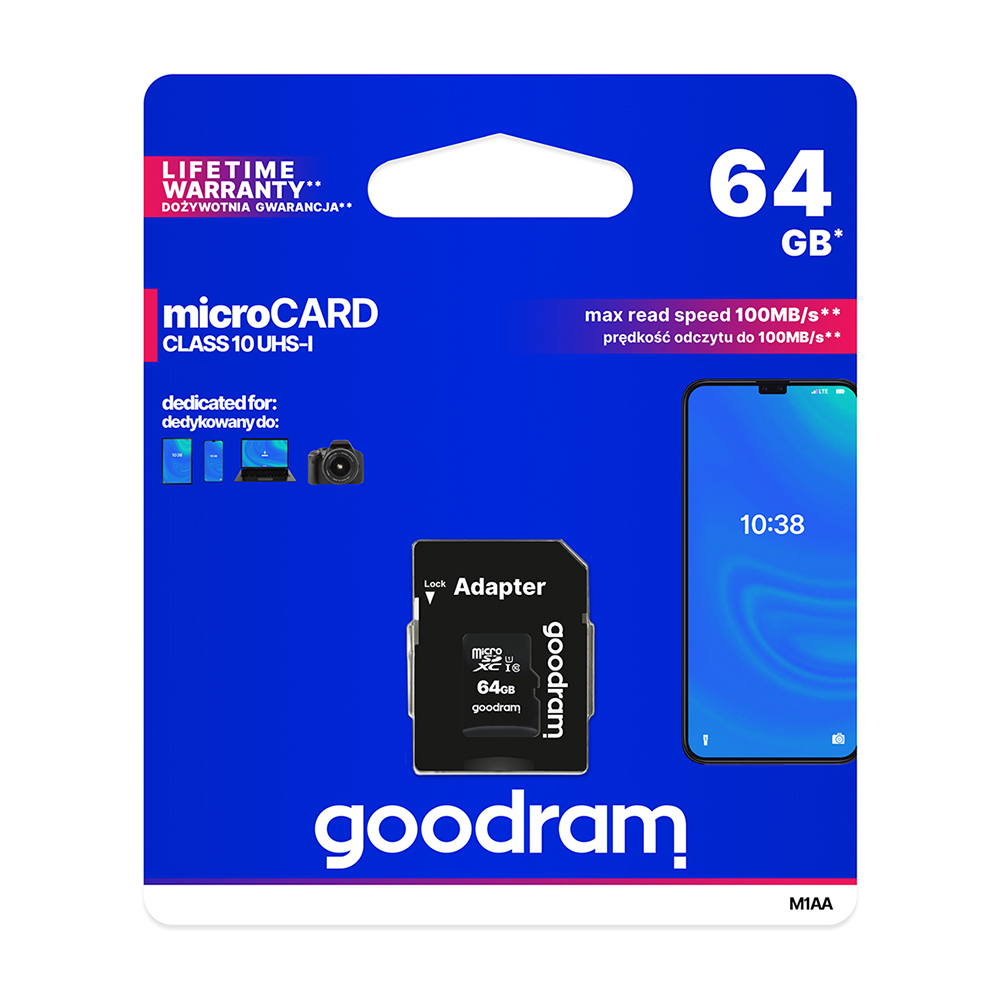 GoodRam microSDXC (64GB | klasa 10 | UHS I) 30/15 MB/s + adapter / 3