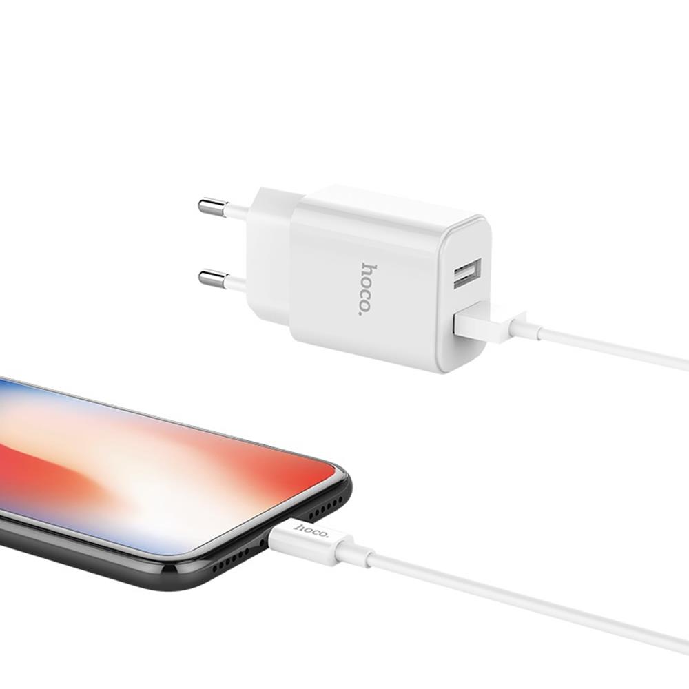 HOCO �adowarka sieciowa C62A plus kabel typ-C bia�a 2USB 2,1A / 2