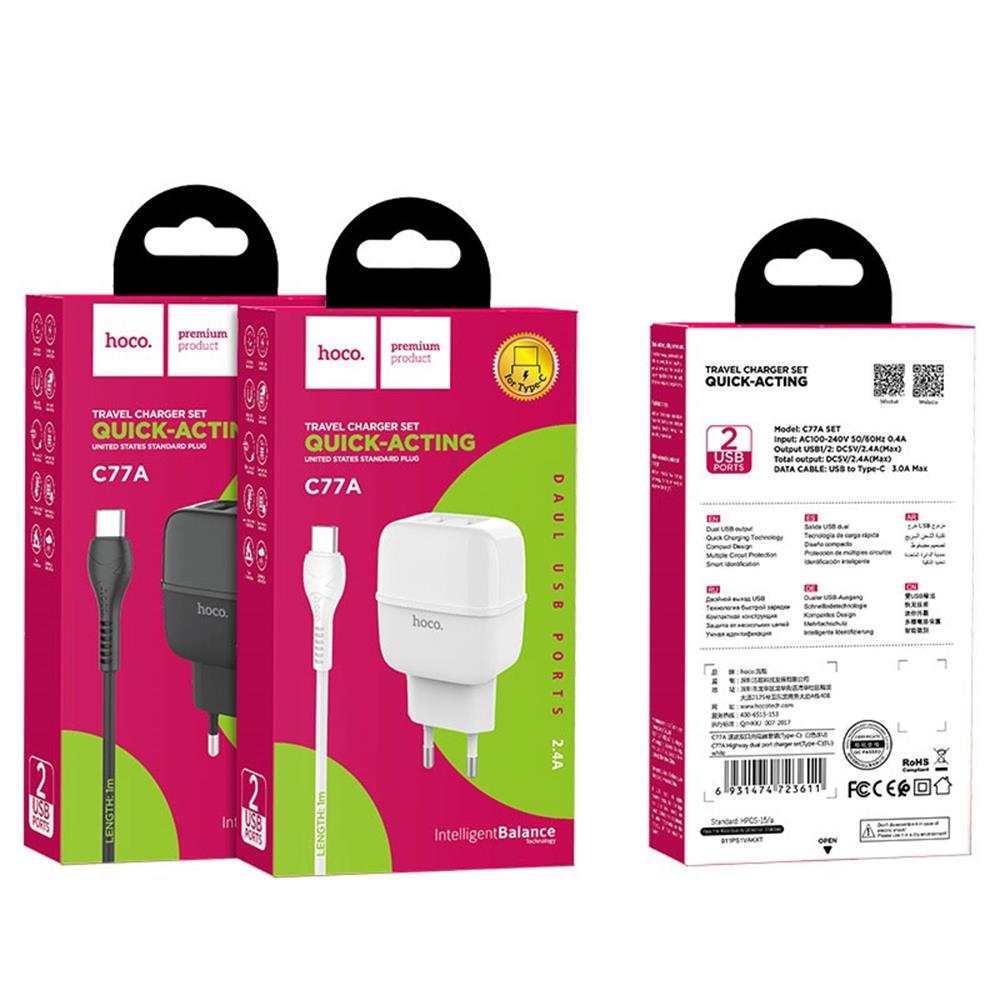 HOCO �adowarka sieciowa C77A plus kabel typ-C czarna 2USB 2,4A / 5