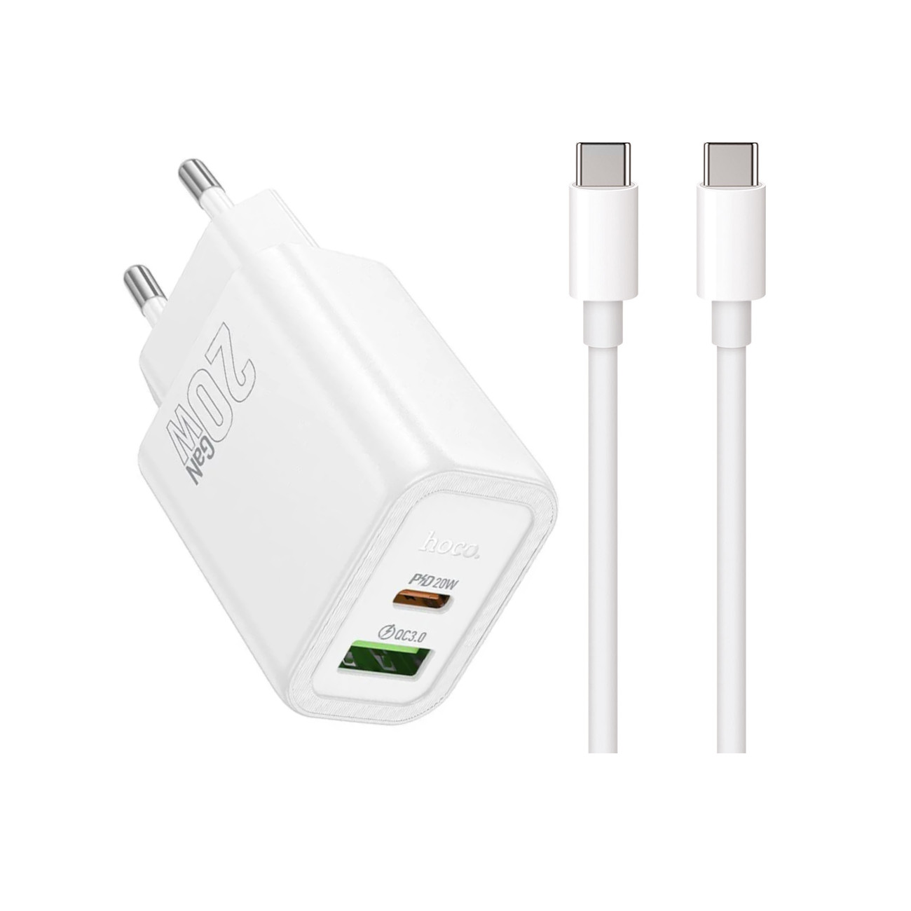 Szybka �adowarka GaN 20W PD QC FCP HOCO z d�ugim kablem 2m USB-C do telefonu 2 wej�cia bia�a Samsung Galaxy A25 5G