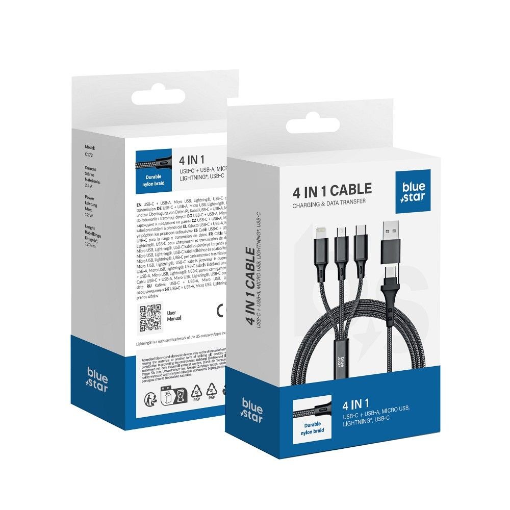 Kabel 4w1 Cafule Blue Star 12W 2,4A USB-C USB-A 1,2m czarny myPhone Hammer 4 Plus / 2 Kabel 4w1 Cafule Blue Star 12W 2,4A USB-C USB-A 1,2m czarny myPhone Hammer 4 Plus / 2