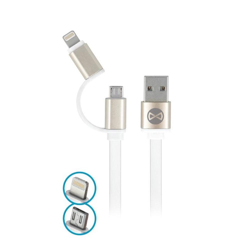 Kabel Forever 2w1 micro-USB + iPhone 8-PIN metalowy p�aski bia�y 1m 1,8A