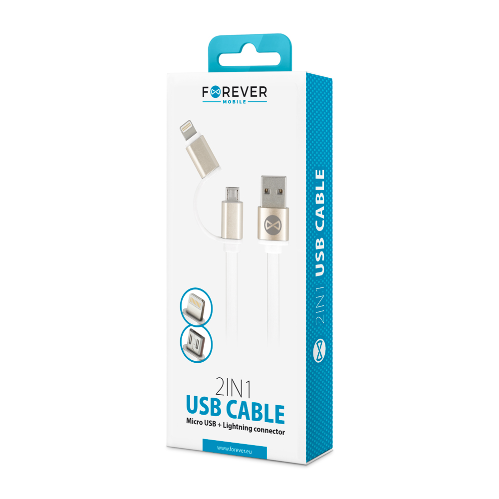 Kabel Forever 2w1 micro-USB + iPhone 8-PIN metalowy p�aski bia�y 1m 1,8A / 2
