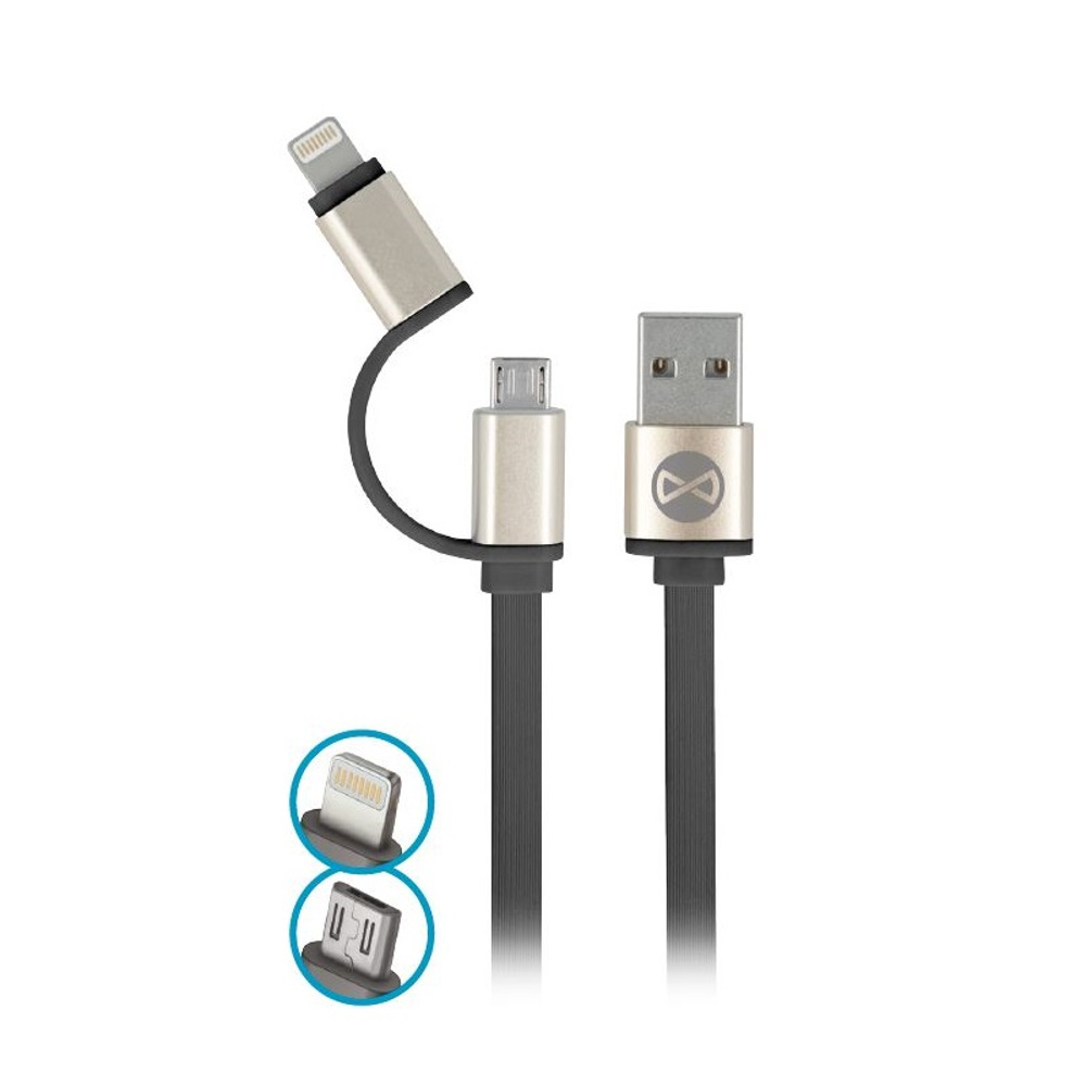 Kabel Forever 2w1 micro-USB + iPhone 8-PIN metalowy p�aski czarny 1m 1,8A