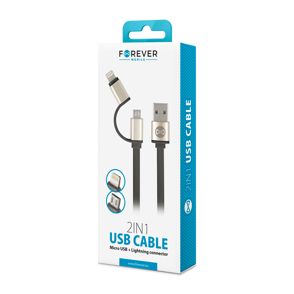 Kabel Forever 2w1 micro-USB + iPhone 8-PIN metalowy p�aski czarny 1m 1,8A / 2