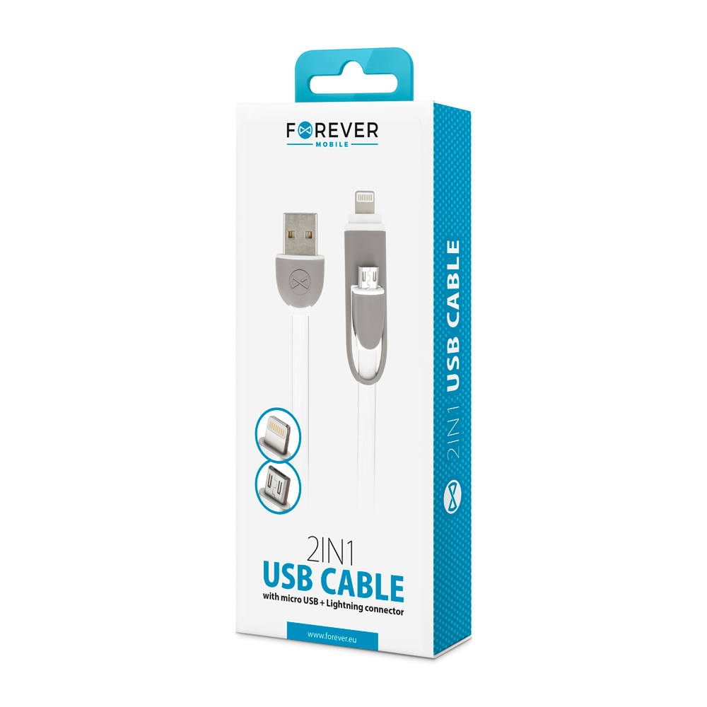 Kabel Forever 2w1 micro-USB + iPhone 8-PIN silikonowy bia�y 1m 1,8A / 2