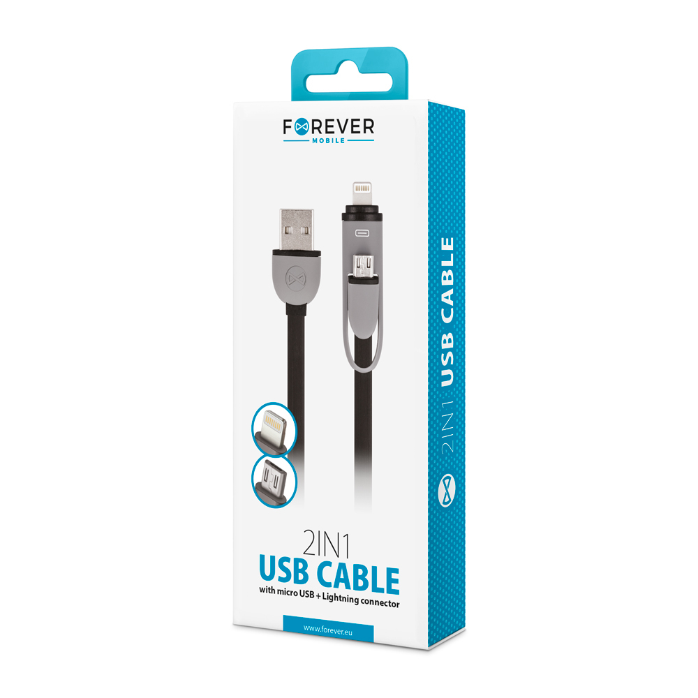 Kabel Forever 2w1 micro-USB + iPhone 8-PIN silikonowy czarny 1m 1,8A / 2