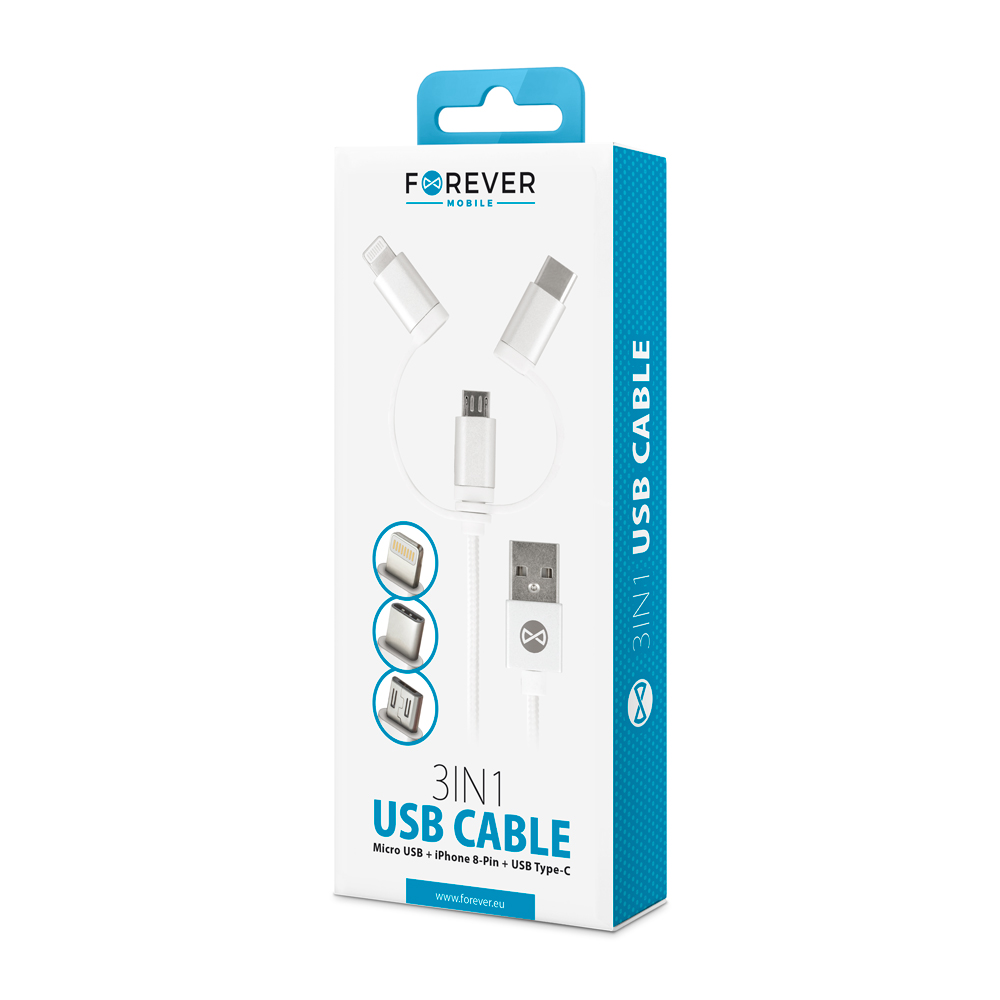 Kabel Forever 3w1 micro-USB + iPhone 8-PIN + USB typ-C bia�y / 2
