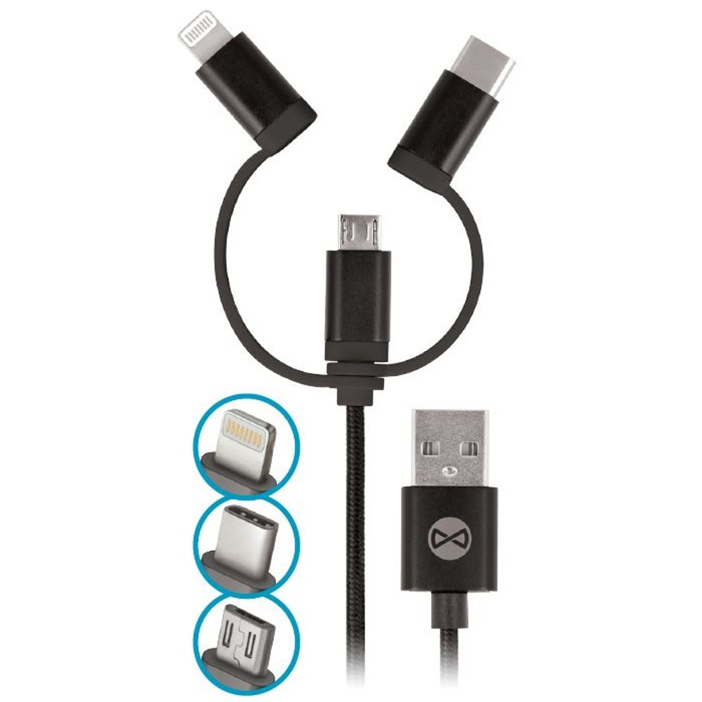 Kabel Forever 3w1 micro-USB + iPhone 8-PIN + USB typ-C czarny