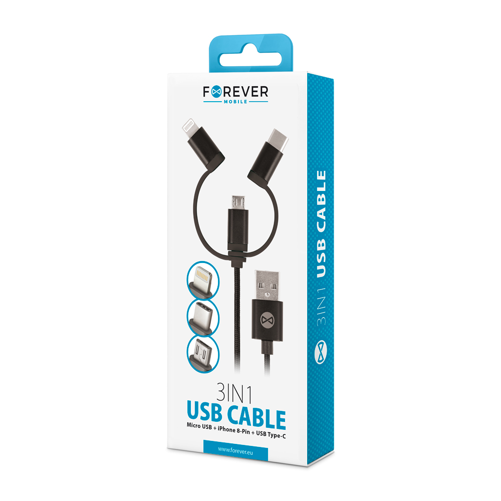 Kabel Forever 3w1 micro-USB + iPhone 8-PIN + USB typ-C czarny / 2
