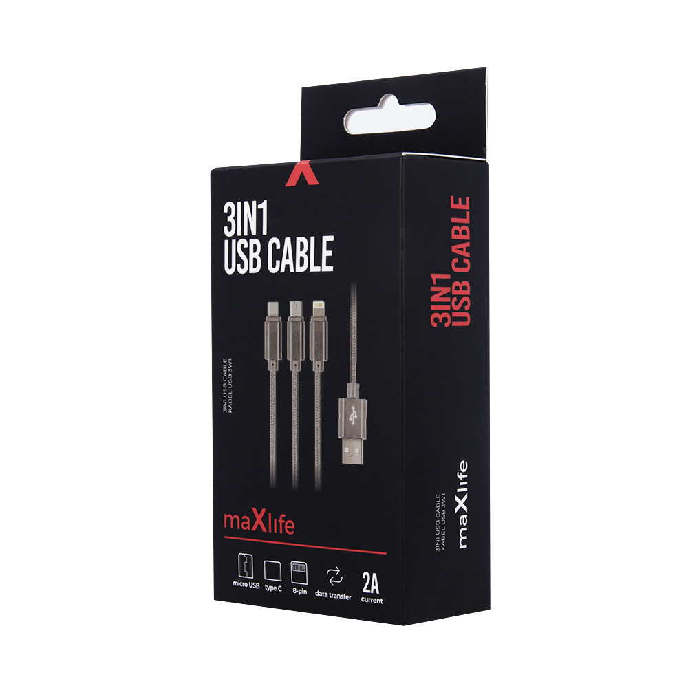 Kabel Maxlife 3w1 nylonowy oplot Micro USB / Typ-C / 8-PIN Fast Charge 2.1A szary / 2
