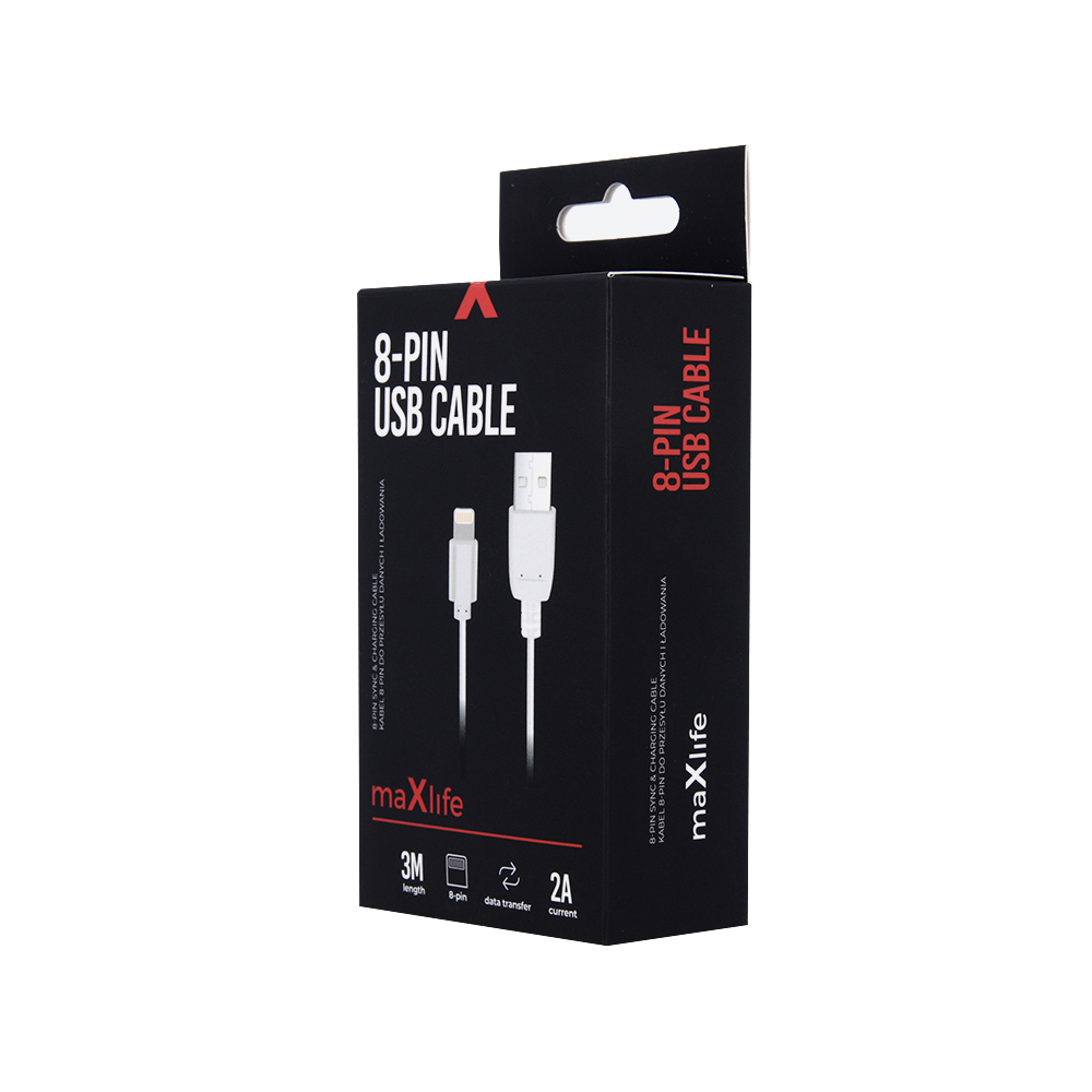 Kabel Maxlife do iPhone / iPad / iPod 8-PIN Fast Charge 2A 3m bia�y / 2