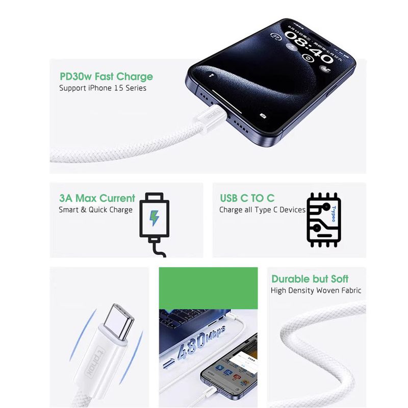 KABEL T-PHOX CC15 SERIES USB-C/USB-C 60W 3A WHITE / 4