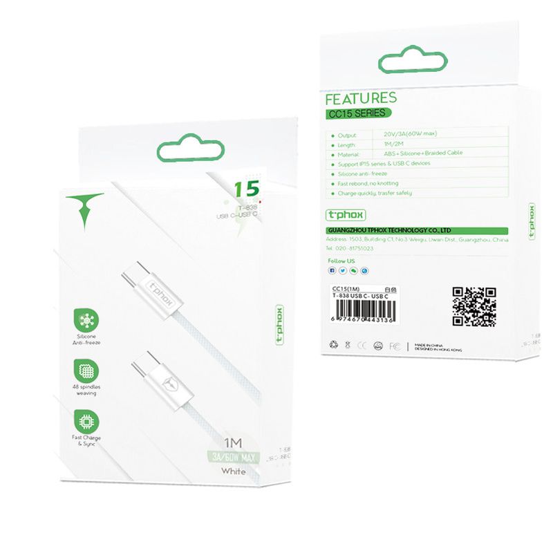 KABEL T-PHOX CC15 SERIES USB-C/USB-C 60W 3A WHITE / 5