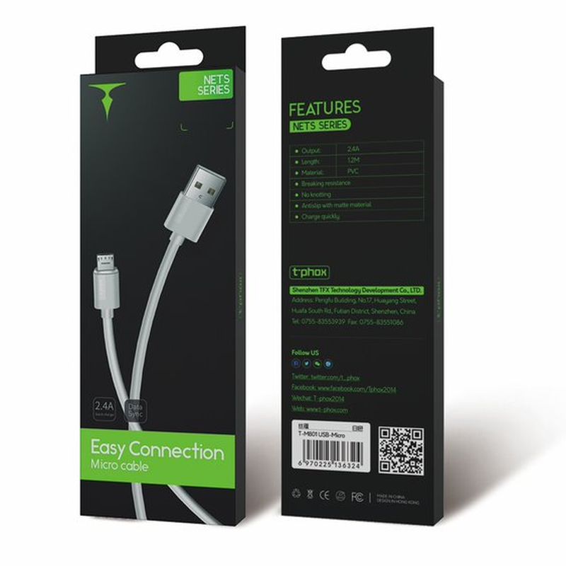 KABEL T-PHOX NETS MICRO USB WHITE 3A ; PVC ; 1.2M / 6