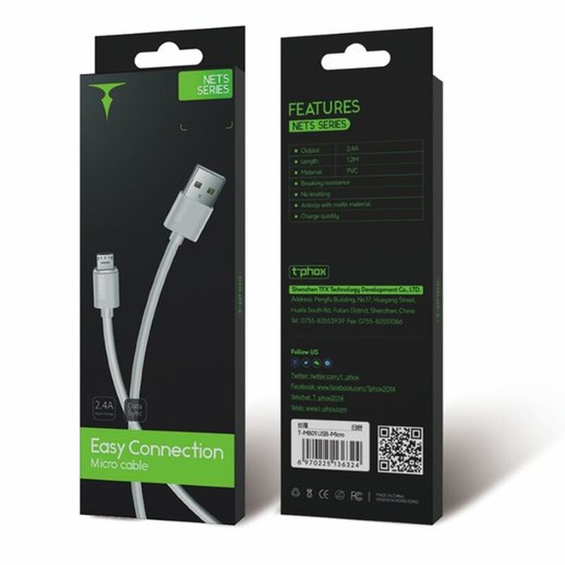 KABEL T-PHOX NETS MICRO USB WHITE 3A ; PVC ; 2M / 6