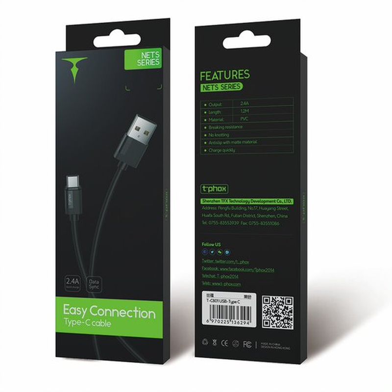 KABEL T-PHOX NETS TYPE-C BLACK 3A ; PVC ; 1.2M / 5