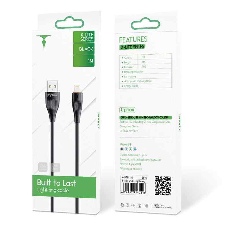 KABEL T-PHOX X-LITE LIGHTNING BLACK 1M 3A / 3