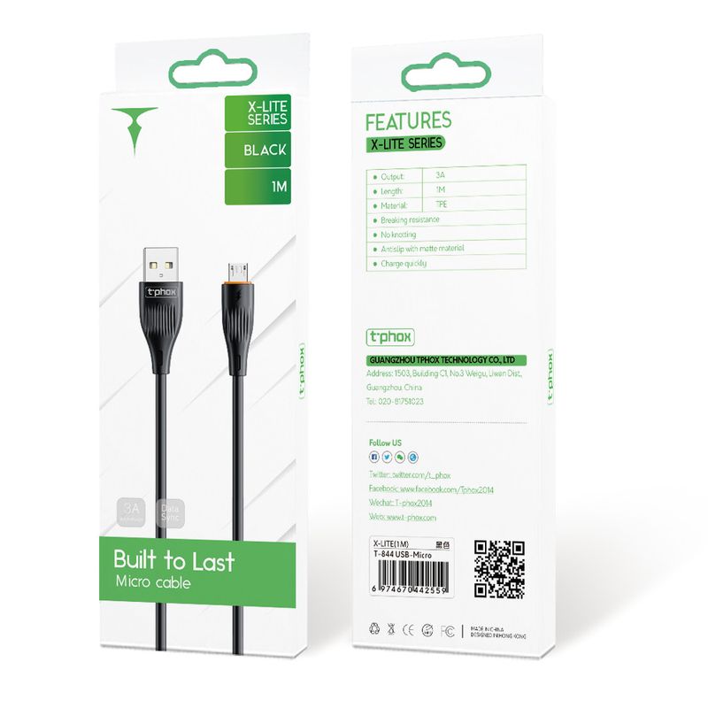 KABEL T-PHOX X-LITE MICRO USB BLACK 1M 3A / 3