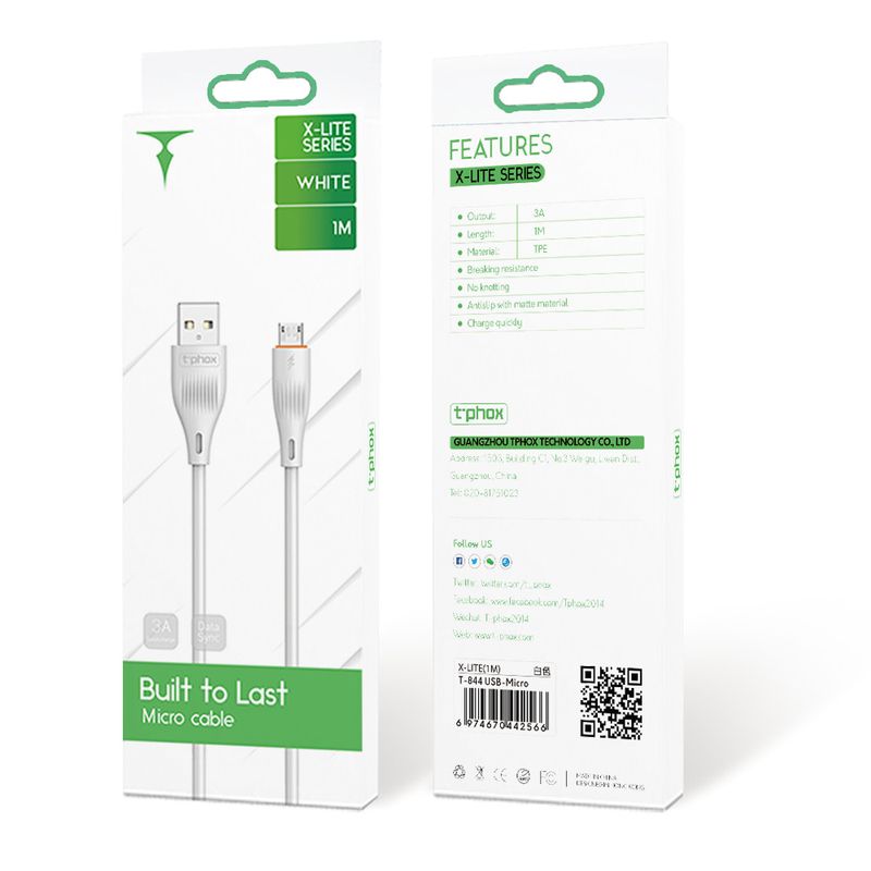KABEL T-PHOX X-LITE MICRO USB WHITE 1M 3A / 3