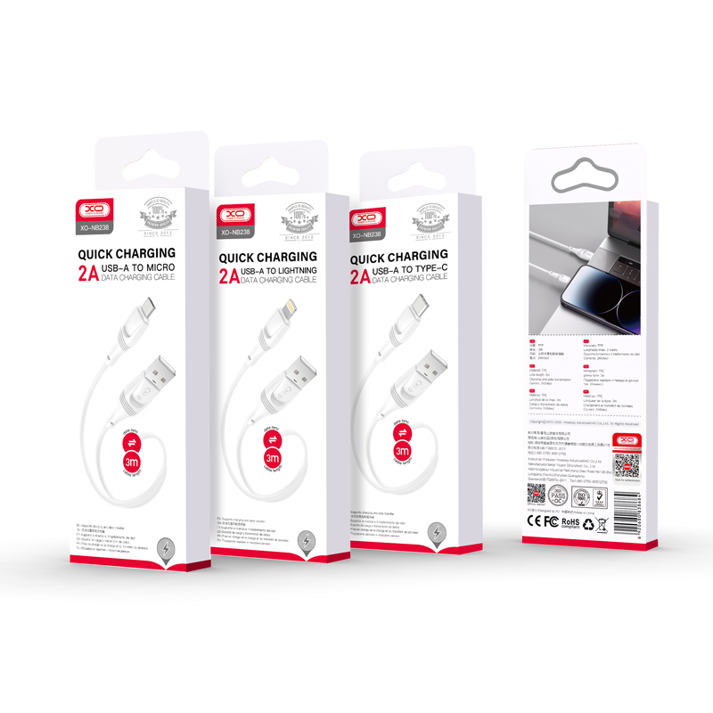 Kabel USB A - USB-C do szybkiego �adowania telefonu 2A 3 metry XO d�ugi 300cm bia�y Oppo Reno 13FS 5G / 2