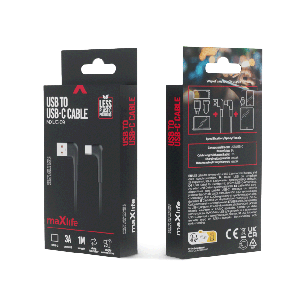 Kabel USB A - USB-C do szybkiego �adowania telefonu 3A 1m Maxlife z wtykiem k�towym czarny Oppo Reno 13FS 5G / 5