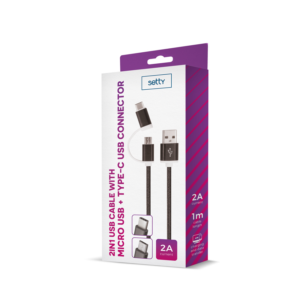 Kabel USB Setty 2w1 nylon (microUSB+typ C) czarny / 2