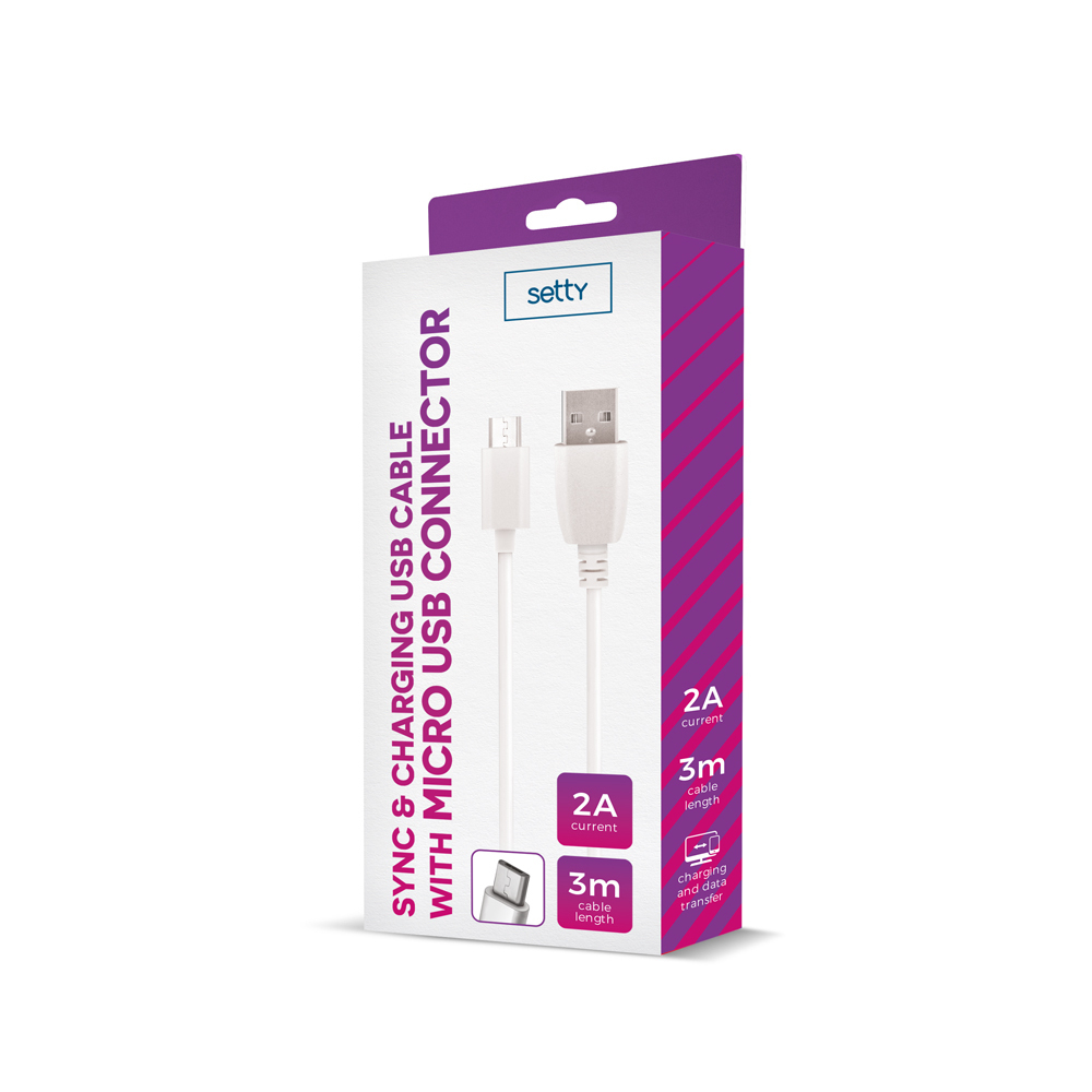 Kabel USB Setty 3m 2A microUSB bia�y / 2
