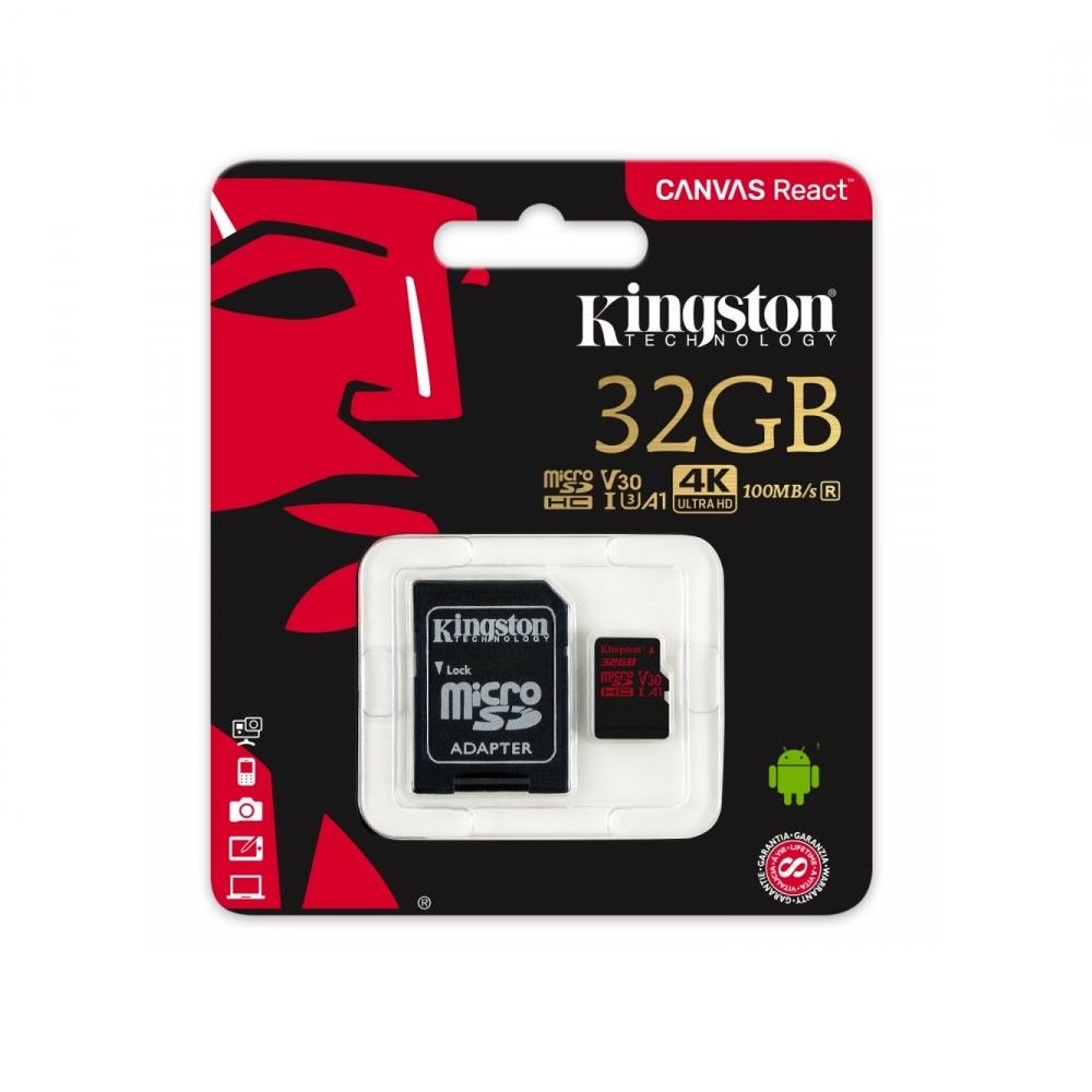 Kingston karta pamici microSDHC Canvas React (32GB | class 10 | UHS-I | 100 MB/s) + adapter / 2
