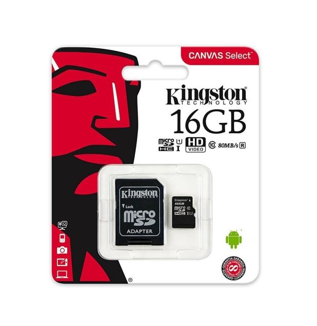 Kingston karta pamici microSDHC Canvas Select (16GB | class 10 | UHS-I | 80 MB/s) + adapter