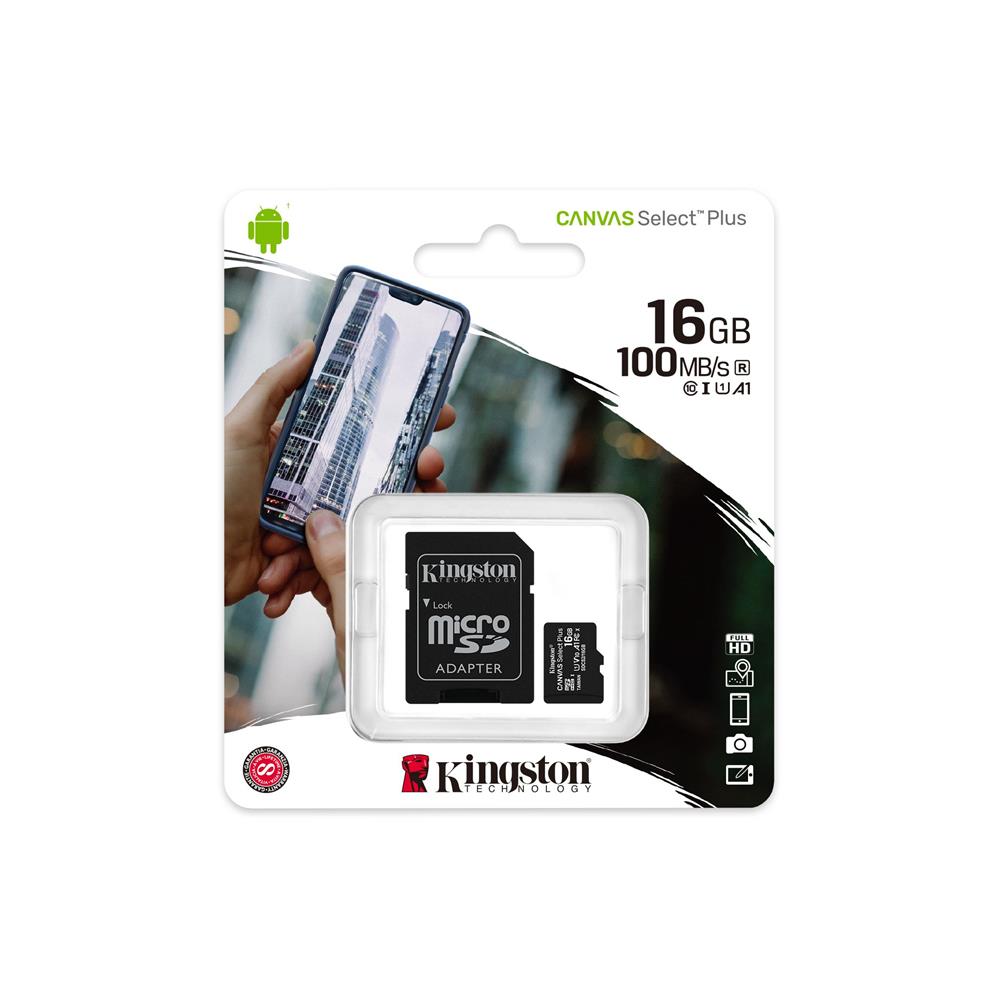 Kingston karta pamici microSDHC Canvas Select Plus (16GB | class 10 | UHS-I | 100 MB/s) + adapter / 3