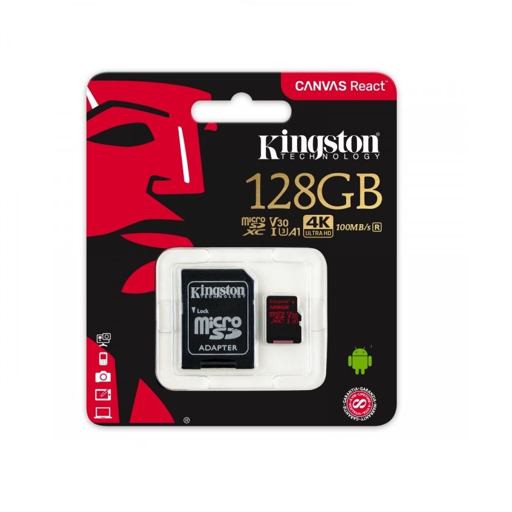 Kingston karta pamici microSDXC Canvas React (128GB | class 10 | UHS-I | 100 MB/s) + adapter / 2