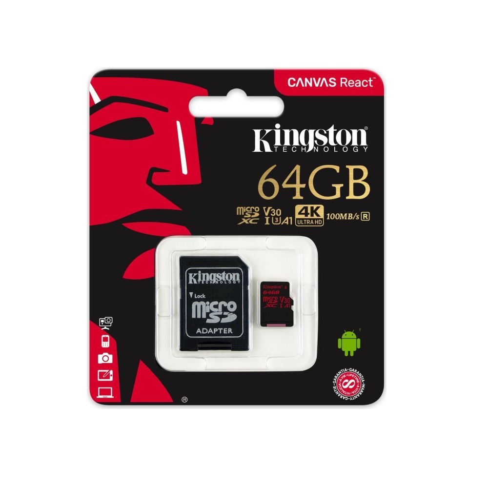 Kingston karta pamici microSDXC Canvas React (64GB | class 10 | UHS-I | 100 MB/s) + adapter / 2