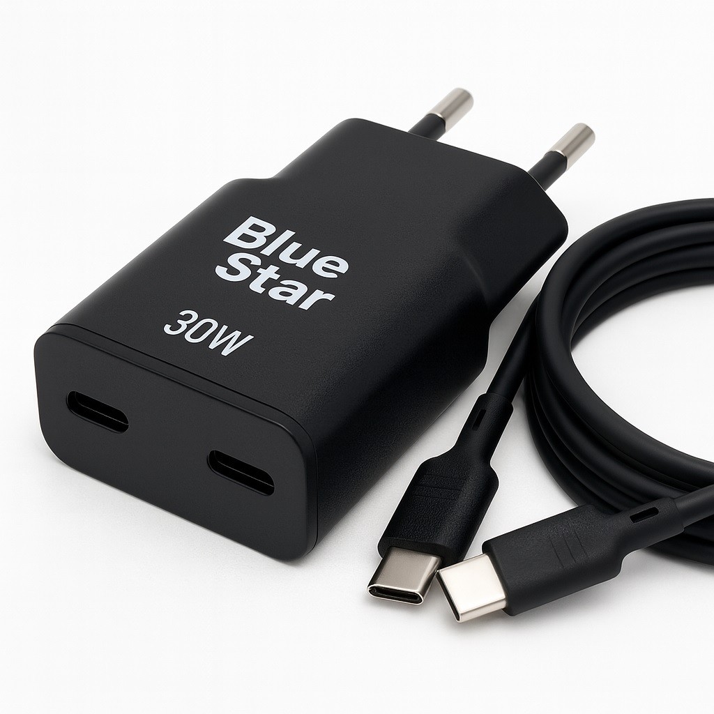 �adowarka Blue Star Slim GaN 30W 2 porty USB-C z d�ugim kablem 2m czarna Samsung Galaxy A52S 5G