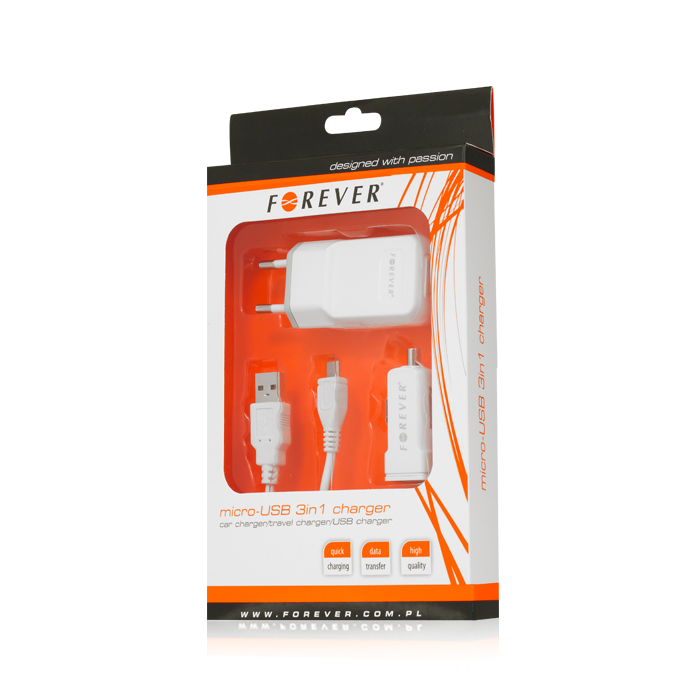 �adowarka Forever USB 3w1 do micro USB bia�a / 3