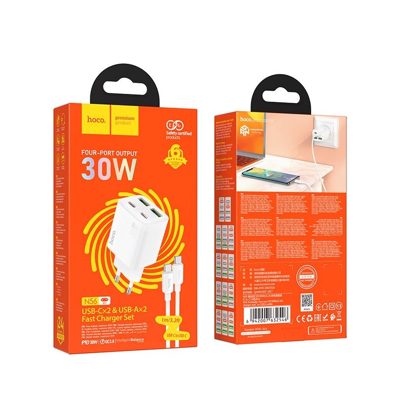 �adowarka Hoco N56 30W 2xUSB-C 2xUSB-A z kablem 1m USB-C bia�a Honor X50 5G / 5