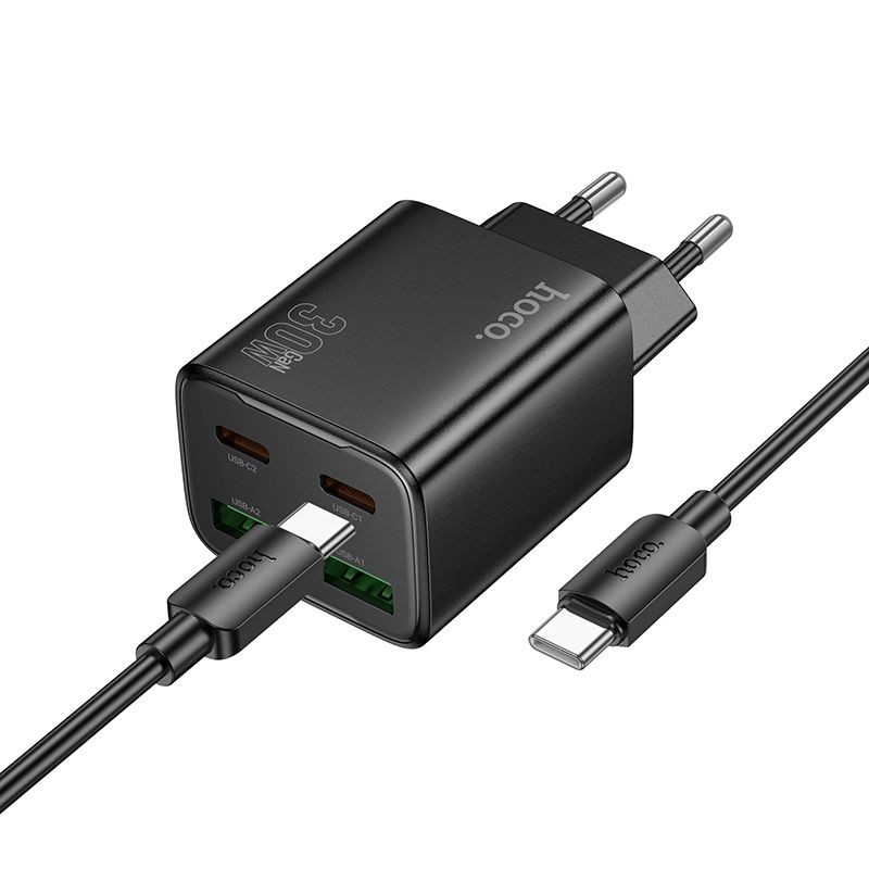 �adowarka Hoco N56 30W 2xUSB-C 2xUSB-A z kablem 1m USB-C czarna Huawei Enjoy 60 Pro
