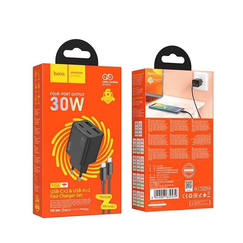 �adowarka Hoco N56 30W 2xUSB-C 2xUSB-A z kablem 1m USB-C czarna Huawei Enjoy 60 Pro / 5