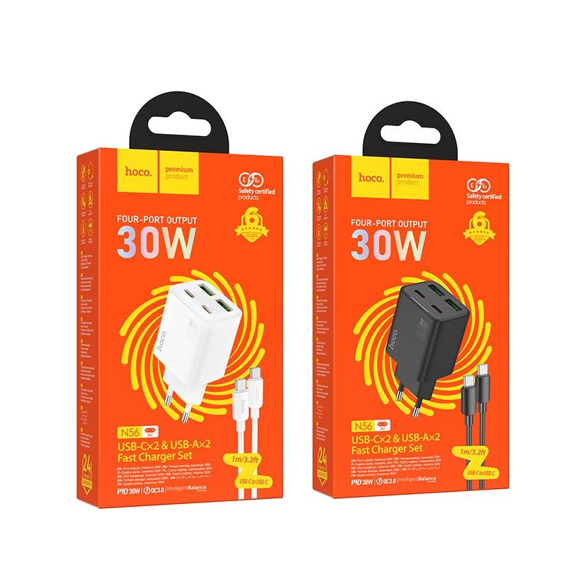 �adowarka Hoco N56 30W 2xUSB-C 2xUSB-A z kablem 1m USB-C czarna Huawei Enjoy 60 Pro / 6