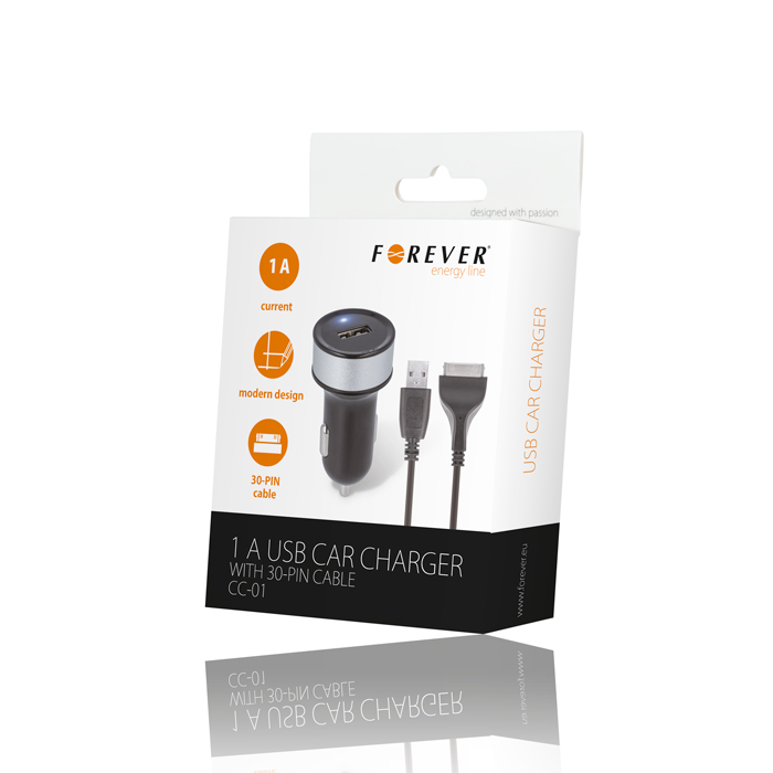 �adowarka samochodowa Forever USB 1 A + kabel iPhone 30-PIN czarna / 3