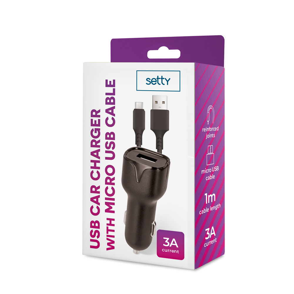 �adowarka samochodowa Setty USB 3A czarna + kabel microUSB 1m czarny / 3