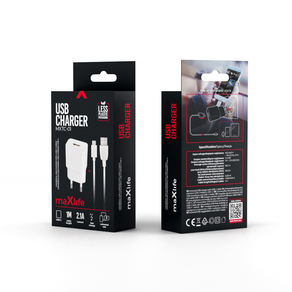 �adowarka sieciowa do telefonu Maxlife 1x USB 2,1A z kablem USB-C bia�a Oppo Reno 13FS 5G / 7