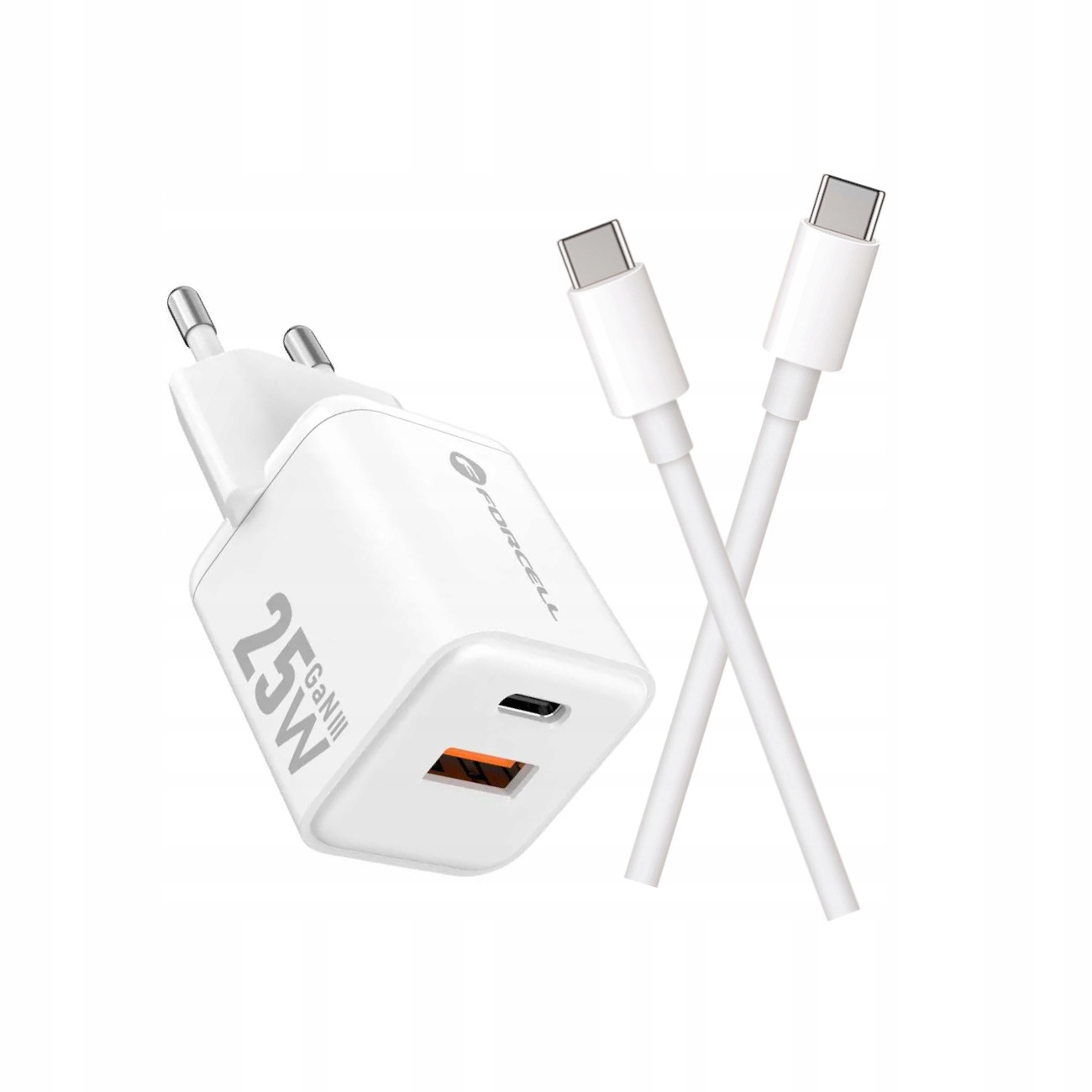 Szybka ładowarka 25W GAN do telefonu z kablem 1m Forcell 2 porty USB i USB-C biała Samsung Galaxy A52S 5G / 2 Szybka ładowarka 25W GAN do telefonu z kablem 1m Forcell 2 porty USB i USB-C biała Samsung Galaxy A52S 5G / 2