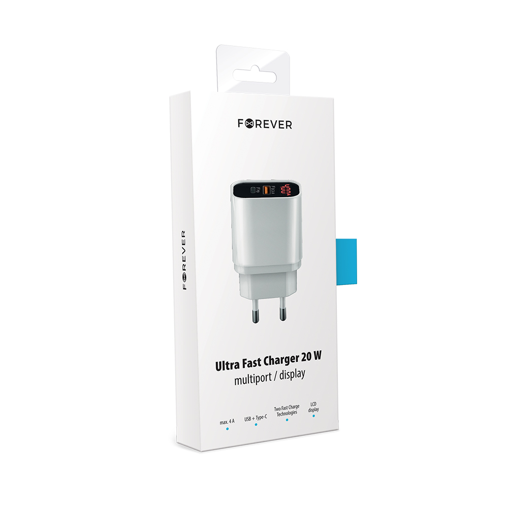 �adowarka sieciowa Forever 2x Type-C PD+QC3.0 z wy�wietlaczem (20W) bia�a Core / 4