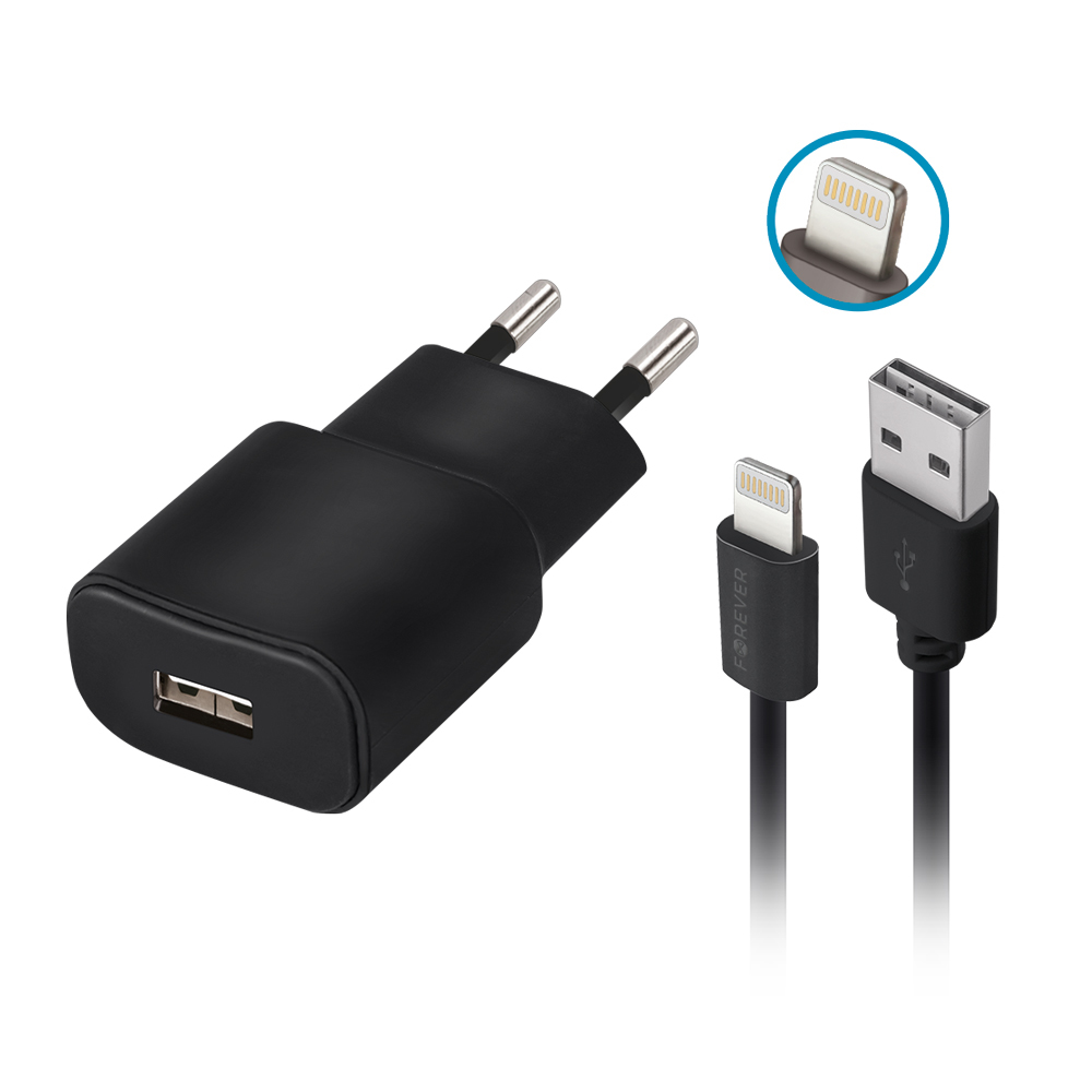 adowarka sieciowa Forever USB 1A TC-01 + kabel do iPhone 8-pin czarna